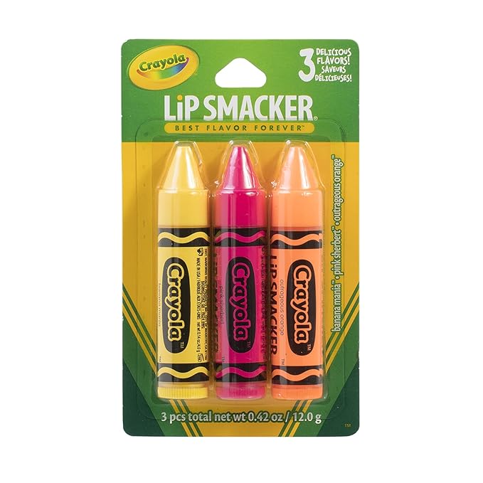 Lip Smacker Crayola Crayon Flavored Lip Balm - Moisturizing, Soothing Trio Banana Mania, Pink Sherbert, & Outrageous Orange