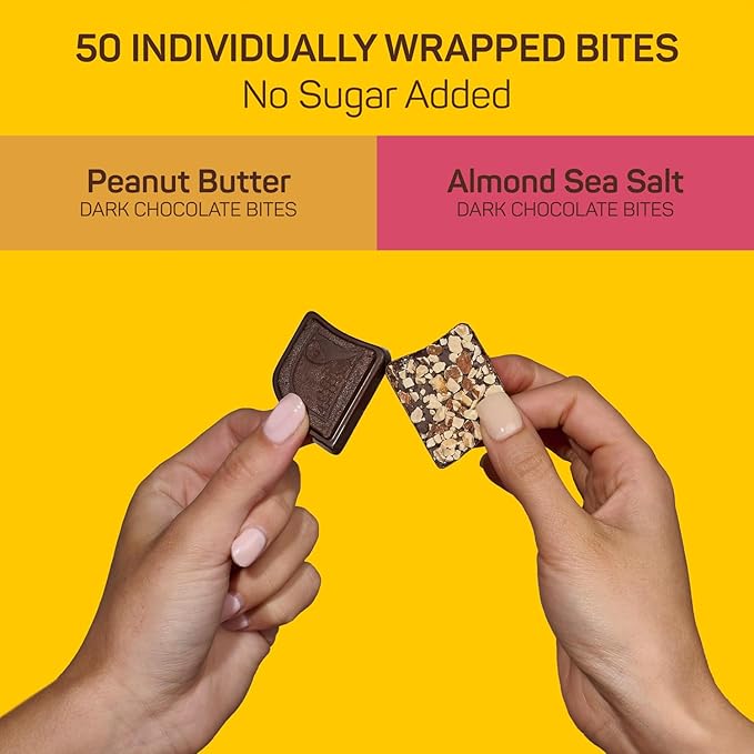 AWAKE - Caffeinated Chocolate Bites - Variety Pack (No Sugar Added), 50 Bites - Almond Sea Salt & Peanut Butter Dark Chocolate - 50mg Caffeine - Coffee Alternative - Fairtrade, Gluten Free - 0.48oz