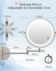 FUNTOUCH 10" 30X/1X Magnifying Wall Mounted Lighted Makeup Mirror, 4500mAh Rechargeable Double Sided Mirror, 3 Color Lights,Touch Dimmable, 360 Rotation Extended Arm with Adapter,Brush Nickel