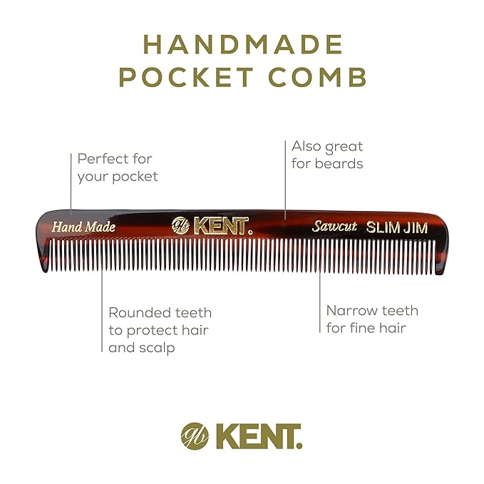 Kent Slim Jim Handmade All Fine Tooth Pocket Comb for Men, Hair Comb Straightener for Everyday Grooming Styling Hair, Mustache and Beard, Use Dry or with Balms, Saw Cut Hand Polished, Made in England