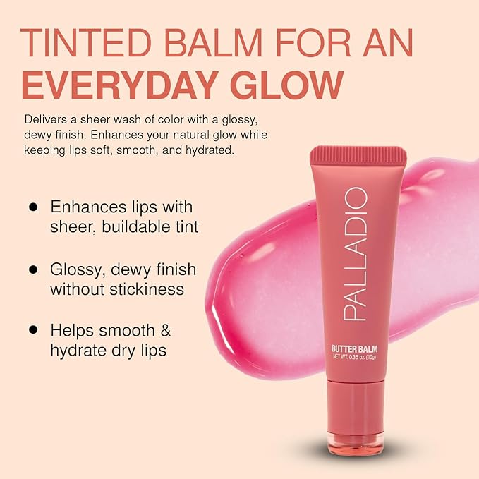 Palladio Butter Balm - Hydrating Lip Balm with Sheer Tint, Aloe, Peptides, Shea Butter, and Vegan Formulation for Instant Moisture, Shine, and Soothing Lip Care, Strawberry Shortcake