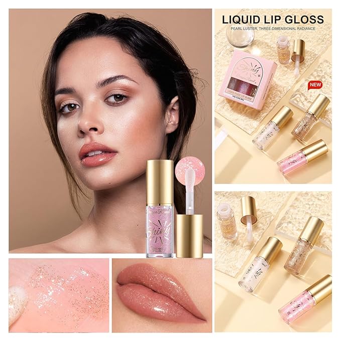 3Pcs Glitter Lip Oil,Moisturizing Lip Glow Oil Big Brush Head Long Lasting Hydrating Shimmery Transparent,Glass Lip Glow Oil Non-sticky Shiny Primer Plumping Lip Gloss