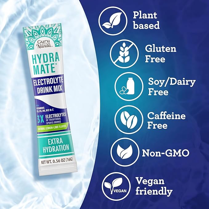 GuruNanda Hydramate Hydration Support Drink Mix - Electrolyte Powder Packets for Dehydration, Exercise & Energy - No Added Sweeteners, Non-GMO, Natural Lemon Lime Flavor - 48 Count (0.56 oz each)