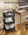 Pipishell 3 Tier Mesh Utility Cart, Rolling Metal Organization Cart with Handle and Lockable Wheels, Multifunctional Storage Shelves for Kitchen Living Room Office Black