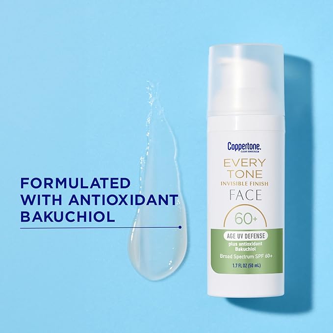 Coppertone Every Tone Invisible Finish Age UV Defense Face Sunscreen SPF 60+ with Bakuchiol, Lightweight, Blends in Clear Sunscreen for All Skin Tones, 1.7 Fl Oz Pump Bottle