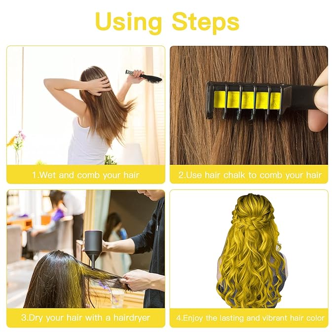 MSDADA New Hair Chalk Comb Temporary Hair Color Dye for Girls Kids with Light Color Hair, Washable Hair Chalk for Girls Age 4 5 6 7 8 9 10 Birthday Cosplay DIY, Christmas, New Year(Yellow)