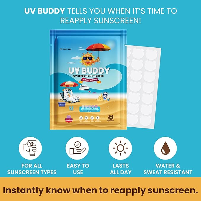 UV Buddy 28 Pack Bear Shaped UV Detection Stickers for Sunscreen - Fun Kid Friendly Sun Protection Reminder for Parents Adults | Waterproof Sunscreen Patch UV Patch Sunblock Stickers for Reapplying