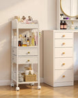 Floor Makeup Organizer with Lockable Wheels & 8 Dividers, 2-Drawer Rolling Skincare Cart for Cosmetics/Perfume/Nail Polish, Mobile Vanity Storage - White (Bathroom/Bedroom Use)