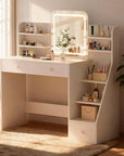 White Makeup Vanity Desk with LED Mirror & 5-Tier Sloped Shelves, 7 Open Storage Areas & 3 Drawers, Adjustable 3-Color Lighting Dressing Table