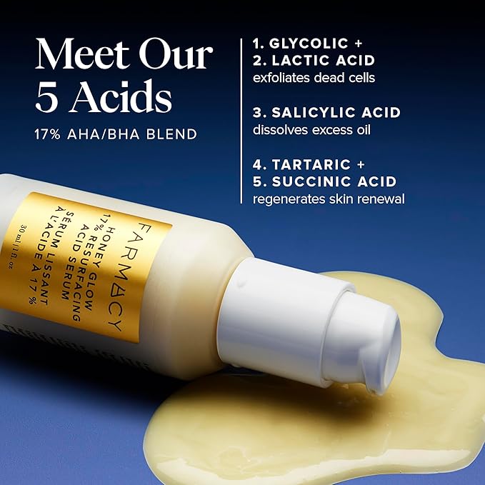 Farmacy Face Exfoliator Serum - Honey Glow 17% AHA + BHA Liquid Exfoliant & Salicylic Acid Serum - Resurfacing Skin Care for Reduced Pores + Texture - Hydrates Skin for an Overall Glow (30ml)