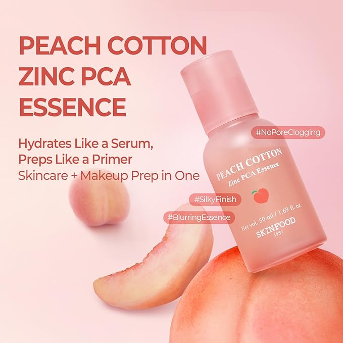 SKINFOOD Peach Cotton Zinc PCA Essence Serum Primer, Korean Skin Care Makeup Prep Hybrid Face Serum, Blurring Matte, Stocking Stuffers, Sebum Oil Control, Hydrating Primer for Sensitive (1.69 fl. oz.)
