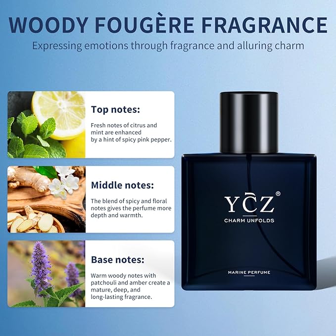 Ycz Midnight Marine Perfume for Men, 1.7 oz. Refreshing & Warm Masculine Scent for Daily Use Men's Casual Cologne Smell Fresh All Day A Gift for Any Occasion