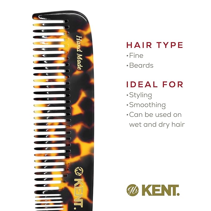 Kent 9T Fine Tooth and Wide Tooth Comb Detangler Hair Combs - Large Handmade and Saw-Cut Dressing Combs - Wet Hair Comb for Women, Durable Grooming Comb for Men, Made in England (Yellow Tokyo)