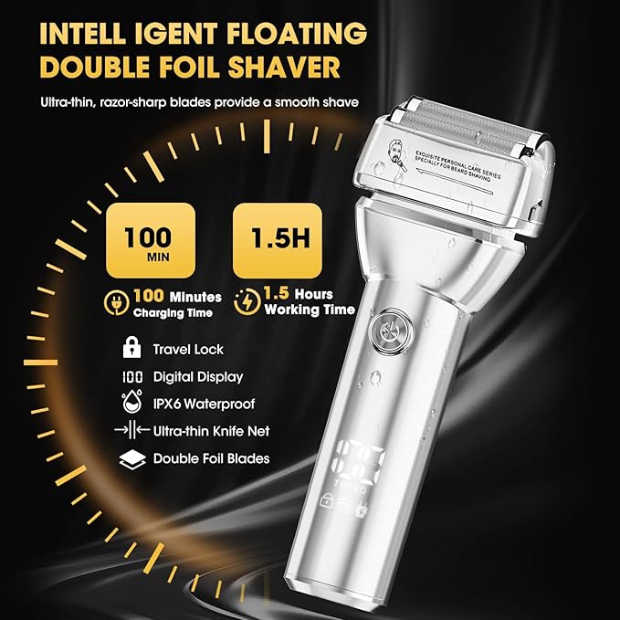 Hair Clippers for Men,4 in 1 Professional Hair Clippers T-Blade Trimmer Electric Foil Shaver Nose Hair Trimmer Set,Cordless Barber Hair Cutting Men’s Grooming Kit LCD Display Gifts (Silver)