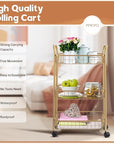 3 Tier Mesh Rolling Utility Cart, Gold Metal Organization Cart with Lockable Wheels, Multifunctional Storage Trolley Service Cart for Kitchen Living Room Office Salon