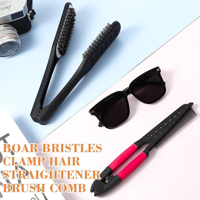 Chengu 2 Pcs Boar Bristles Clamp Double Sided Straightening Comb and Flat Iron Brush for Hair Styling and Straightening Knotty Unkempt Hair (Black, Rose Red)