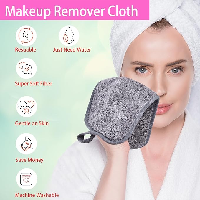 Makeup Remover Cloths for Face, Eye, Lips - Reusable Makeup Remover Pads Soft Microfiber Facial Cleansing Cloths 6 x 12 inch 6 Pack (Gray)