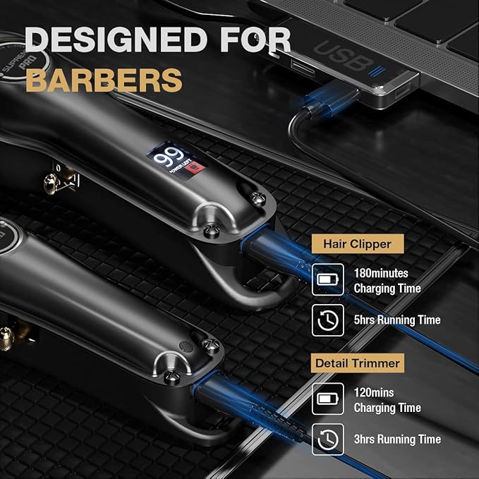SUPRENT PRO Professional Hair Clippers for Men- Hair Cutting Kit & Zero Gap T-Blade Trimmer Combo- Cordless Barber Clipper Set with LED Display for Mens Gifts(Black)