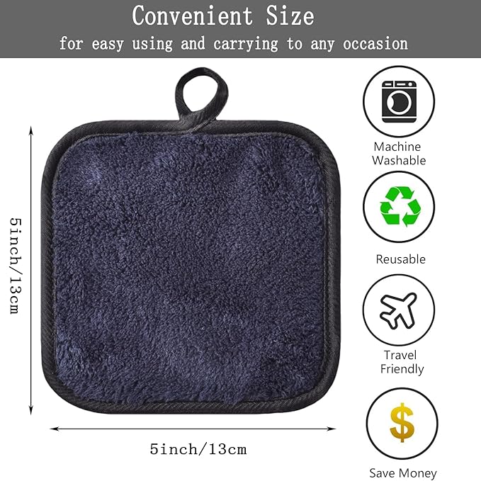 Makeup Remover Cloths for Face, Eye, Lips - Reusable Face Cleansing Cloth Microfiber Makeup Remover Pads 5 x 5 inch 12 Pack (Black)