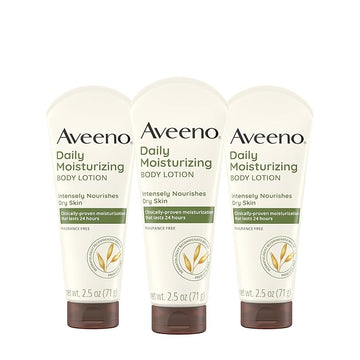 Aveeno Daily Moisturizing Body Lotion, Gentle Lotion Nourishes Dry Skin with Moisture, Sooth-ing Prebiotic Oat, Fragrance-Free, Non-Comedogenic, Travel-Size, 2.5 fl. oz, 3 Pack