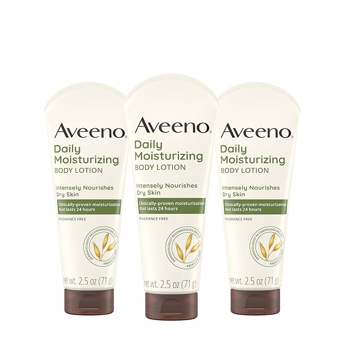 Aveeno Daily Moisturizing Body Lotion, Gentle Lotion Nourishes Dry Skin with Moisture, Sooth-ing Prebiotic Oat, Fragrance-Free, Non-Comedogenic, Travel-Size, 2.5 fl. oz, 3 Pack