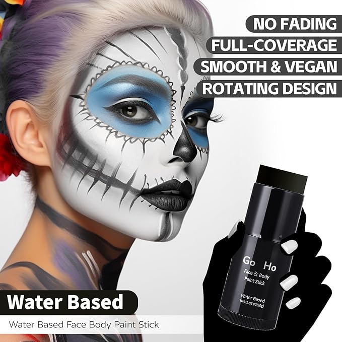 Go Ho White and Black Face Paint Stick,Full-coverage Washable Face Body Paint for Art Theater Halloween Cosplay Skull Zombie Vampire Skeleton Clown SFX Makeup