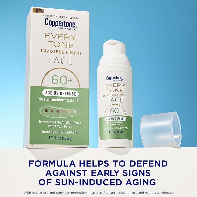 Coppertone Every Tone Invisible Finish Age UV Defense Face Sunscreen SPF 60+ with Bakuchiol, Lightweight, Blends in Clear Sunscreen for All Skin Tones, 1.7 Fl Oz Pump Bottle
