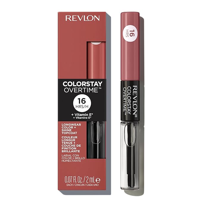Revlon Liquid Lipstick with Clear Lip Gloss, ColorStay Overtime Lipcolor, Dual Ended with Vitamin E, 350 Bare Maximum, 0.07 Fl Oz