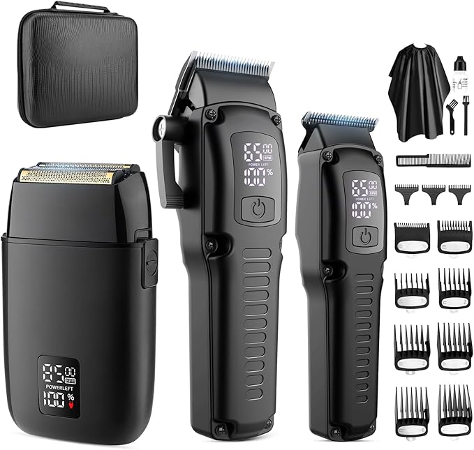 Professional Barber Hair Clippers Trimmer Shaver Set for Men,Cordless Hair Cutting Kit & Zero Gap T-Blade Trimmer & 8500 RPM Electric Shaver Combo with EVA Case,Mens Gift