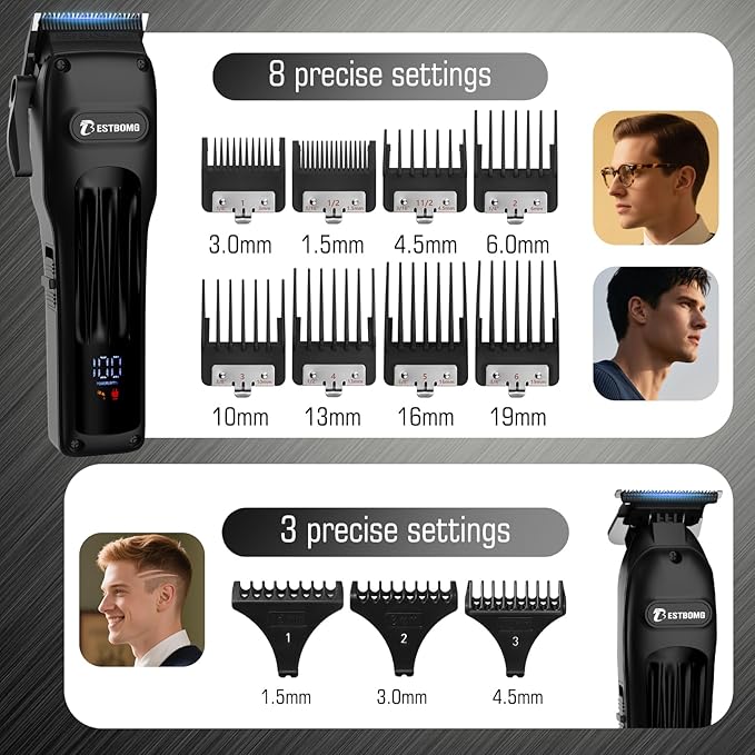 BESTBOMG® Hair Clippers for Men, Professional Hair Clippers, Beard Trimmer& Rechargeable Shaver Set, Metal T-Blade, LED Display, Barber Hair Cutting Kit for Men Grooming & Gifts, BS-808A (Black)