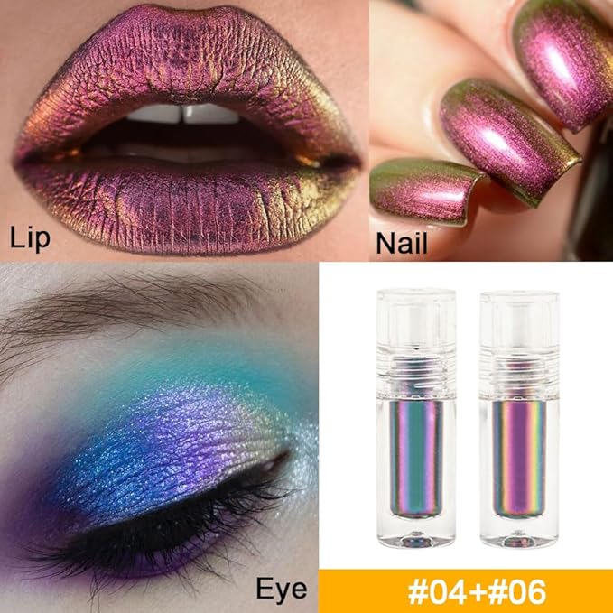 Duochrome MultiChrome Chameleon Liquid Metallic Eyeshadow 2 pcs set, High-Impact Multi-Dimensional Finish,Purple Pink Silky Smooth and High Pigment Holographic Glitter Eyeshadow Makeup (Set01)