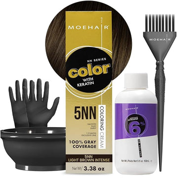 MOEHAIR Hair Coloring Kit | 5NN Permanent Hair Color (Light Brown Intense), 20 Volume Developer 6%, Coloring Brush, Gloves & Mixing Bowl | Keratin Infused Color | Gray Coverage | Adds Shines
