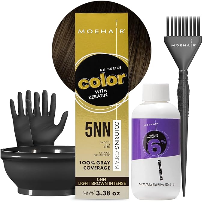 MOEHAIR Hair Coloring Kit | 5NN Permanent Hair Color (Light Brown Intense), 20 Volume Developer 6%, Coloring Brush, Gloves & Mixing Bowl | Keratin Infused Color | Gray Coverage | Adds Shines