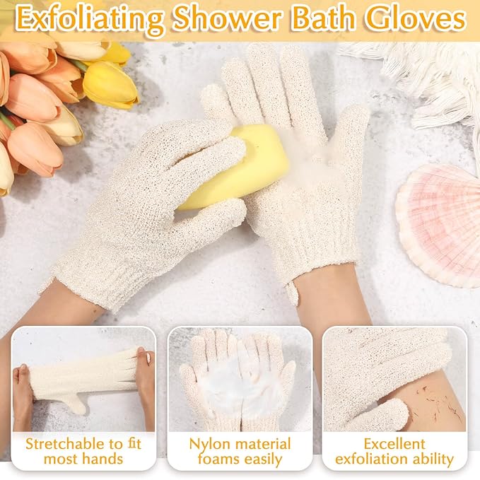 Anezus Exfoliating Back Scrubber Bath Gloves Set, Exfoliating Shower Towel with Shower Gloves for Body Scrub, Back Cleaner Wash Gloves to Remove Dead Skin (Beige)