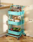 Pipishell 3 Tier Mesh Utility Cart, Rolling Metal Organization Cart with Handle and Lockable Wheels, Multifunctional Storage Shelves for Kitchen Living Room Office Turquoise