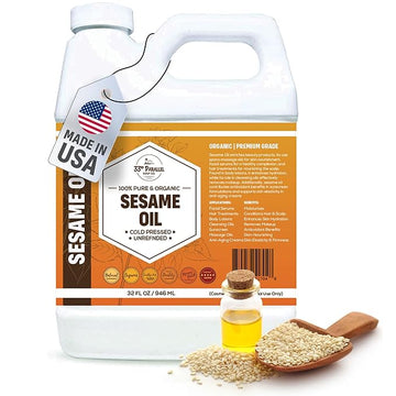 ORGANIC SESAME OIL (32 oz) Premium Cold Pressed Unrefined | 100% Pure Sesame Oil for Skin, Face, Hair, Soap Making | Carrier for Essential Oils | Available in Bulk | 32 FL OZ