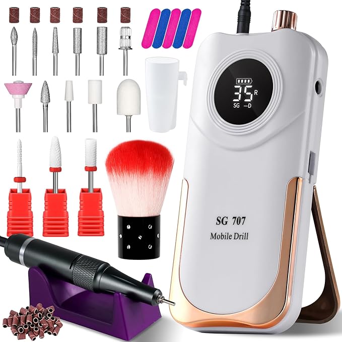 Portable Electric Nail Drill Cordless,35000 RPM Electric Nail File with Holder,Rechargeable Nail Drill E Filer for Nails,Electric Nail Buffer Nail Filer Electric Tool for Women (White)