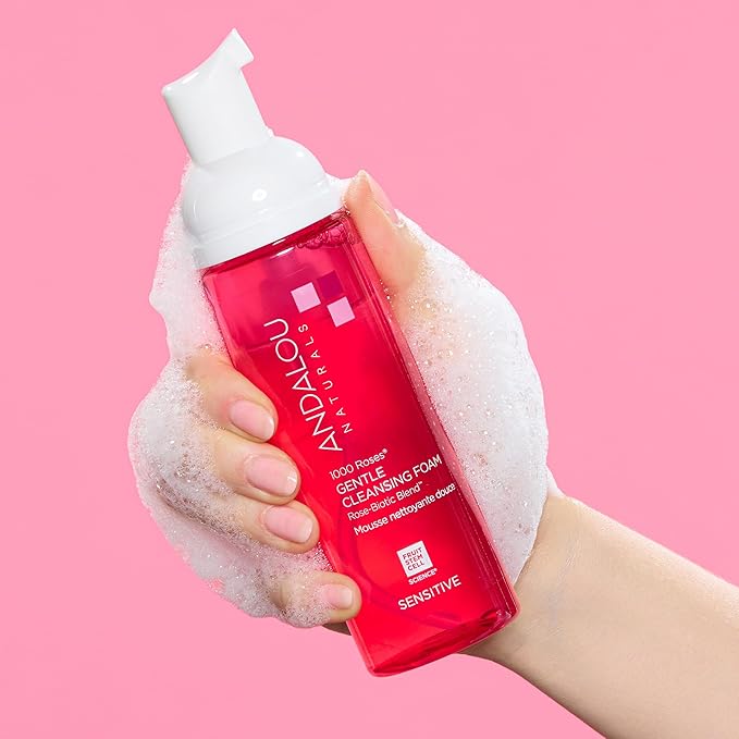 Andalou Naturals 1000 ROSES Gentle Cleansing Foam Face Wash, Hydrating Foaming Facial Cleanser with Rosewater & Aloe for Women & Men, Non Toxic, Vegan