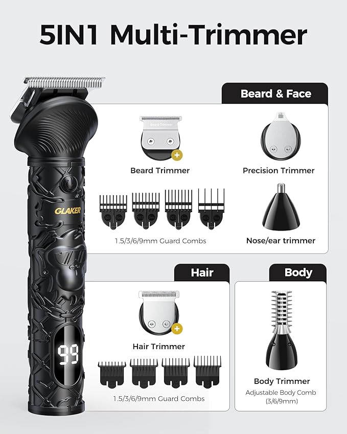 GLAKER Hair Clippers for Men Professional, Cordless Clippers for Hair Cutting, Mens Bear Trimmer, Electric Razor Barber Clippers Hair Trimmer, Gifts for Men (Deep Black)