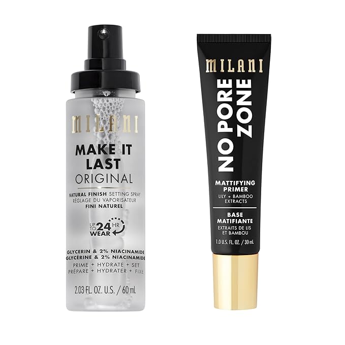 Milani Make It Last Original - Natural Finish Setting Spray 3-in-1 Setting Spray and Primer- Prime + Correct + Set & Milani No Pore Zone Mattifying Primer for Makeup