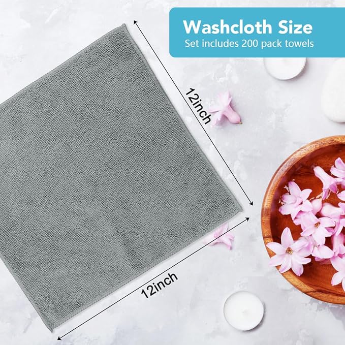 Orighty Wash Cloths Bulk Towels Set 200 Pack, Highly Absorbent and Soft Feel Microfiber Face Cloths, Multi-Purpose Washcloths & Hand Towels for Bathroom, Hotel, Spa, and Gym, 12x12 Inch, Grey