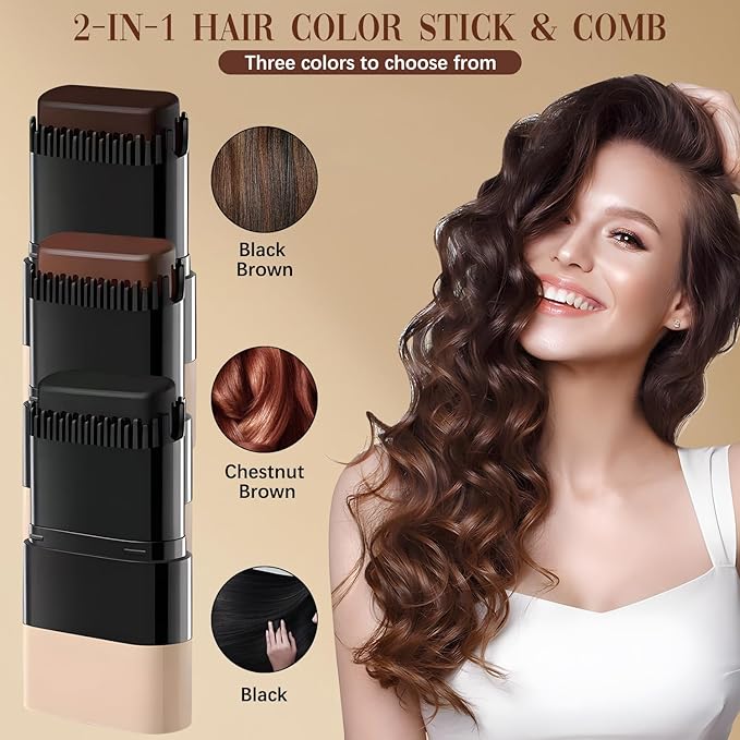 2-in-1 Hair Color Stick & Comb, Waterproof and Sweat-Proof Hair Dye Comb, Instant Convenient Root Touch Up for Gray Hair, Touch up Comb for Women & Men (Black Bronw)