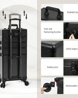 Profesional Rolling Makeup Train Case with Lid, 5 in 1 Cosmetology Case on Wheels, Large Cosmetic Trolley Organizer Travel for Hairstylist Artist Nail Beauty Salon Barber, Black