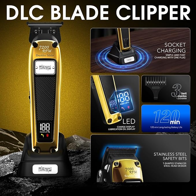 DSP Professional Beard Trimmer for Men, Cordless Trimmer Barber, BLDC Motor & DLC Coated Blade, Bald Head Clipper for Men
