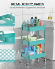 EAGMAK 3 Tier Utility Rolling Cart, Metal Storage Cart with Handle and Lockable Wheels, Multifunctional Storage Organizer Trolley with Mesh Baskets for Kitchen, Living Room, Office, Garage (Turquoise)