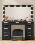 DWVO Makeup Vanity Desk, 46" Vanity Set with Mirror and Lights, 11 Storage Drawer, Power Outlet, Chair, Makeup Table Set with Magnifying Glass