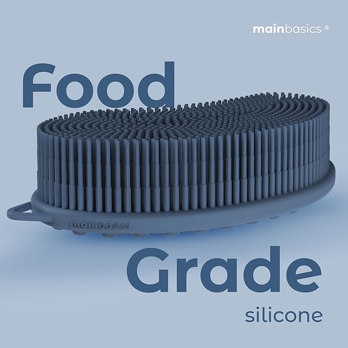 MainBasics Silicone Body Scrubber – Dual-Sided Shower Scrubber with Massage Nodes, Silicone Loofah Alternative for Deep Clean (Dark Blue, Massage)