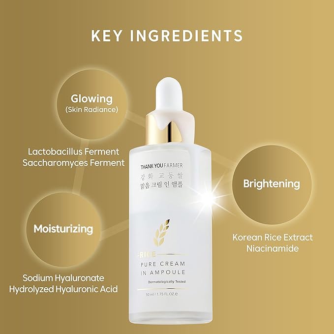 THANKYOU FARMER Rice Pure Cream In Ampoule, Double Layered Formula, Glass skin, Dermatologist Tested, Korean Rice Extracts, Niacinamide, Fragrance-Free, 1.75 fl.oz (50ml)