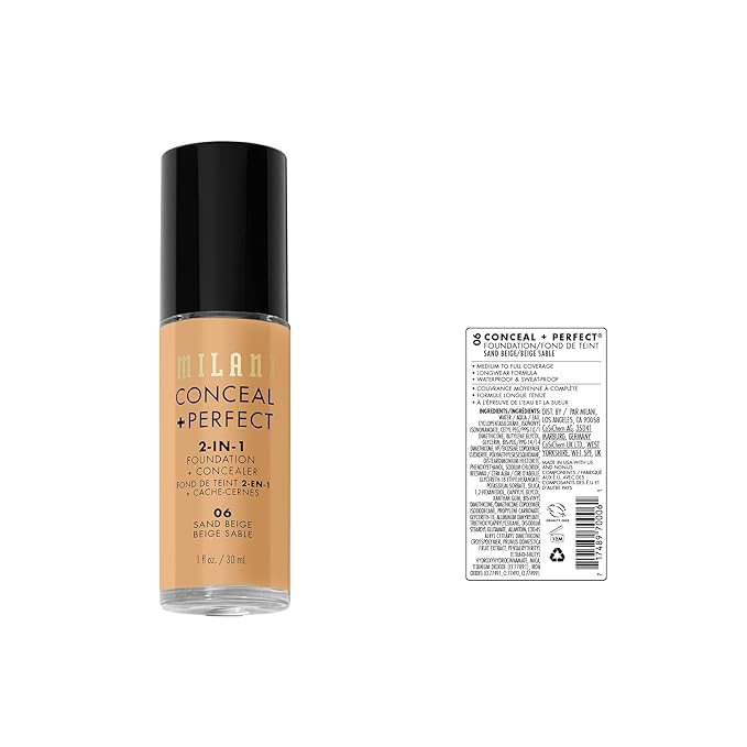 Milani Conceal + Perfect 2-in-1 Foundation + Concealer for a Flawless Complexion, Under Eye Corrector, Cover Redness and Imperfections, Waterproof and Sweatproof - Sand Beige