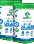 BioTrust Ageless Multi Collagen Peptides Powder – 5 Types (I, II, III, V, X) – Unflavored Collagen Powder for Women & Men – Hydrolyzed Protein – Grass Fed Beef, Fish, Chicken, Eggshell Membrane, 2-pk